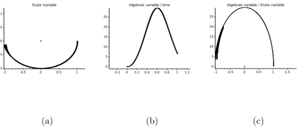 Figure 5.3: Plot of state variable p w.r.t. q (a), algebraic variable w.r.t. time (b) and algebraic variable w.r.t