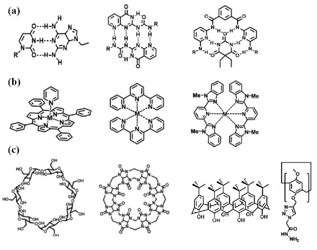 Figure 13: Supramolecular polymers are assembled by employing different type of non-covalent interaction: (a)  triple-, quadruple-, and sextuple-hydrogen bonding; (b) metal coordination; (c) host guest systems: cyclodextrin,  cucurbit[8]uril, calix[6]arene