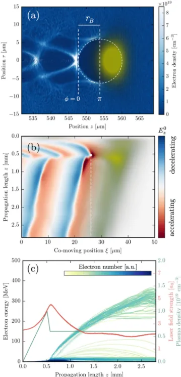 FIG. 1. Simulation of a laser wakefield accelerator in the blowout regime with injection in a density transition