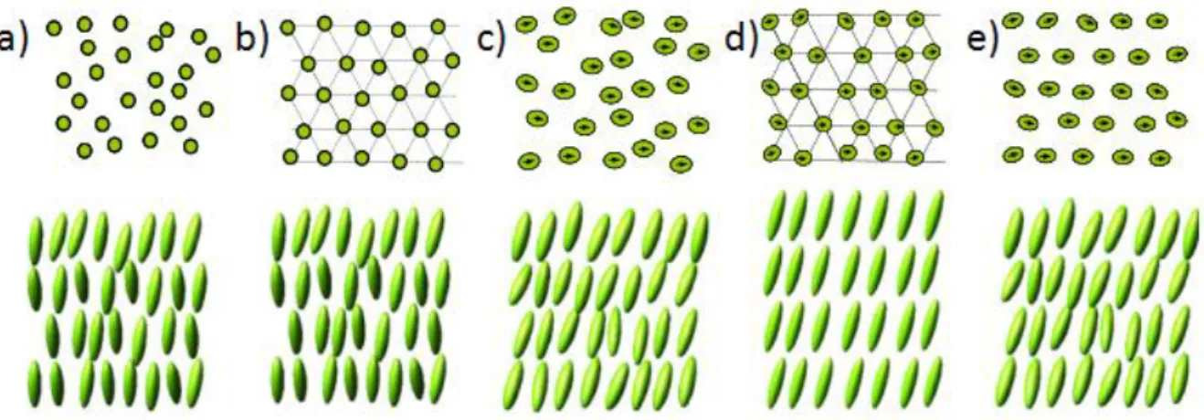 Figure 1.26 Schematic representation of the organizations of the mesogens in a) Smectic A; b) Smectic B; c) Smectic C; d)  Smectic I and e) Smectic F mesophases
