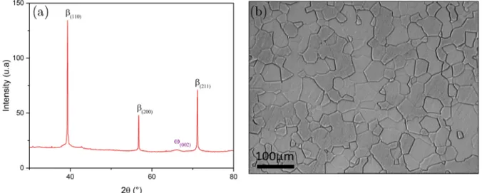 Figure 1-4 : (a) Spectre de diffraction X et (b) Micrographie optique de TCS HTL après mise  en solution β 770°C 15min sous air suivi d’une trempe à l’eau 