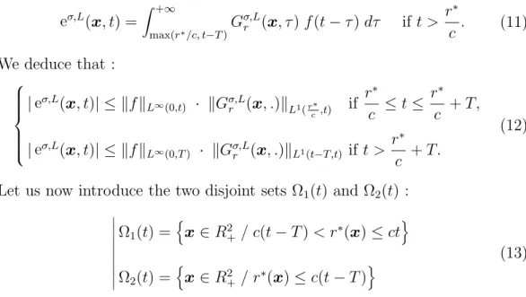 Fig. 6. The sets Ω 1 (t) and Ω 2 (t), if (h + 2L)/c ≤ t &lt; T + (h + 2L)/c.