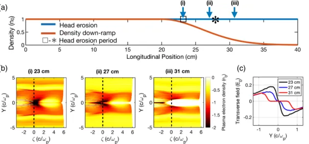 FIG. 5. (a) The density profile used for the comparison of head erosion extraction (blue) and down-ramp extraction (red)
