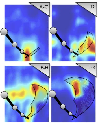 Fig. 4. Histograms of self-selected goals and illustration of reachable surfaces (thin black contours) over maturational stages.