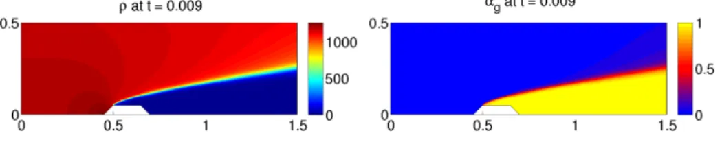Figure 3. High-speed underwater projectile experiment. Density and gas volume fraction at t = 0.9 s (approximately stationary conditions).