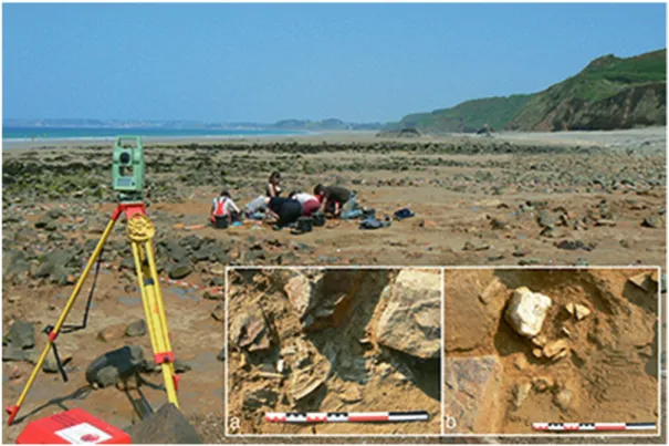 Fig. 12.10  The Middle Palaeolithic site of Les Vallées during excavation: (a) faunal remains and quartz flakes; (b)  quartz cores and flakes