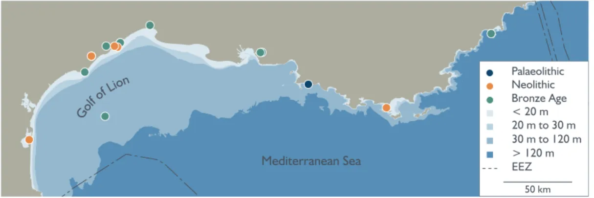 Fig. 12.6  Map of prehistoric submerged sites off the Mediterranean coast of France. Site information from the  SPLASHCOS Viewer http://splashcos-viewer.eu