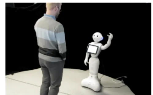 Fig. 1: Interaction scenario with a Pepper Robot Combining the OCC Model with an Episodic Memory system can give to the robots the capability of being more believable to the users, showing behaviors more preferred by their users