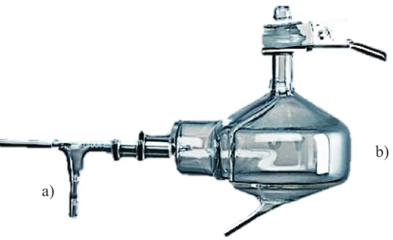 Figure 15 : Picture of the electrolyte introduction system involving a) the nebulizer and b) the  cyclonic spray chamber