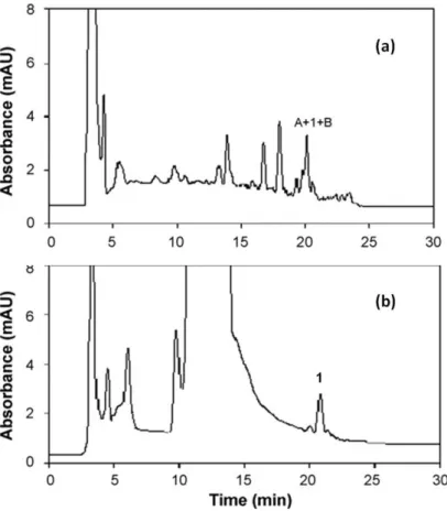 Figure 16 : Chromatogrammes HPLC-UV d'un échantillon d'eau de surface après une étape d’extraction par SPE utilisant  (a) une cartouche C18 ou (b) une cartouche contenant un MIP sélectif du diclofénac
