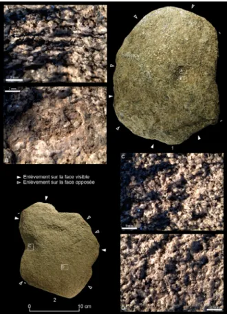 Fig. 6 – En haut (n° 5), petite dalle à cupule en gneiss ; en bas (n° 