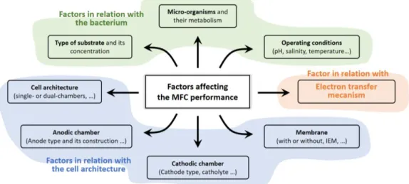 Figure 1.13 – Factors affecting the performance of the MFC. Adapted from: Aghababaie et al