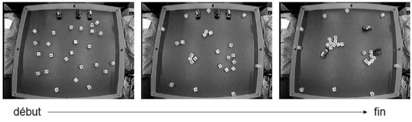 Figure 2 Avec la morphologie (B) et le même controlleur, les Didabots rassemblent les cubes en tas  (Adapté de Maris et te Boeckhorst, 1996) 