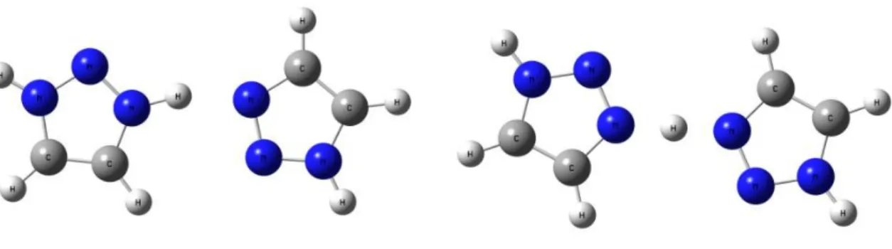 Figure III-4: Structures of minima and transition states of  1,2,3-triazolium-triazole complex (TrH+- (TrH+-Tr): minimum (left) and TS (right)