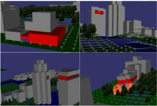 Fig.  6: Urban  fire  examples  where  the  burning  floors  have  been  coloured  in  red  to  make  them  distinguishable from the rest