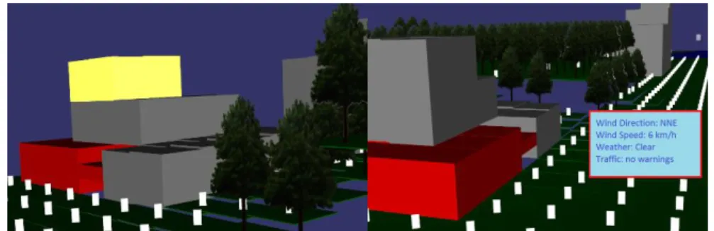 Fig. 8: Left)  use case 1: Burning buildings (floors) have been  highlighted  in red, and the target  floor in yellow