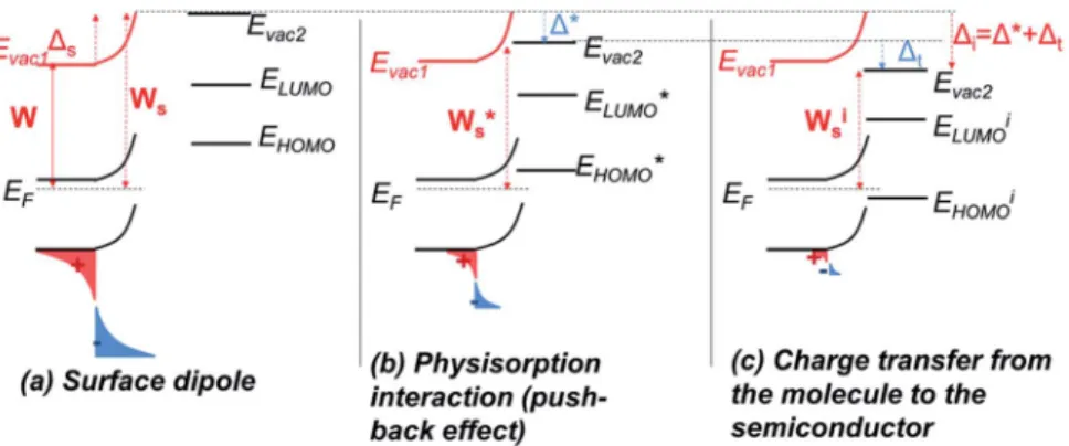 Fig. 8 Drawing of the energy levels at the surface of an n-type semiconductor before adsorption (a); when a physisorption interaction (such as the push-back e ﬀ ect) occurs between a molecule and the surface (b), leading to the creation of a dipole D*; whe