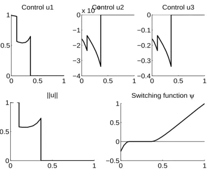 Figure 6: Solution with singular arc: control and switching function.