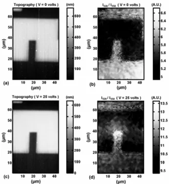 Fig. 4: (a) Topography of the stripe and (b) ratio of the two  fluorescence images (I520  / I550) when no current is flowing  through the resistor ; (c) topography of the stripe and (d) ratio  of the two fluorescence images when a voltage of about 25V is  