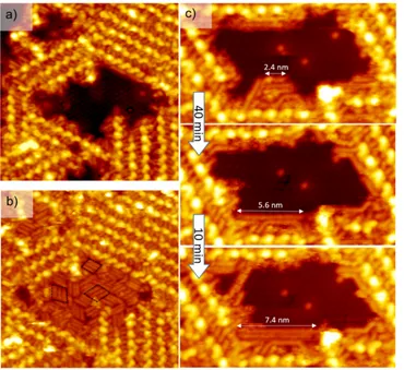 Figure 3. a) STM image (25x25 nm 2 , V s  = -1.3 V, It = 7 pA, T = 110 K) representing an nano-pore inside the supramolecular network