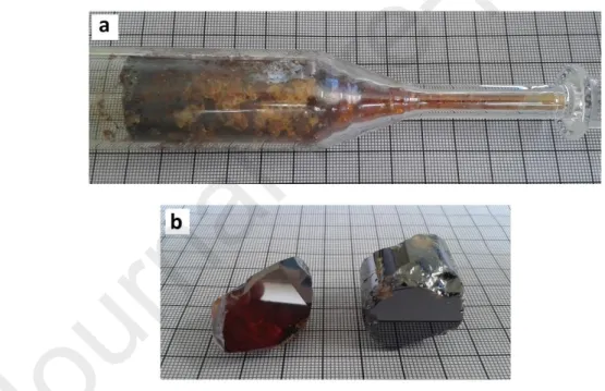 Figure 1 - Growth ampoule containing an as-grown ingot after the Bridgman process (a)   and extracted single crystals (b)