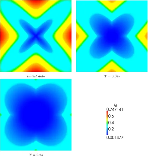 Figure 6. G at different times with the upwind scheme on an unstructured mesh – h = 1