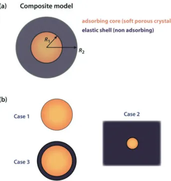 Figure 1. (a) Model system representing a composite material. (b) Three special cases of the  model system: case 1, unconfined spherical adsorbent particle; case 2, adsorbent in infinite 