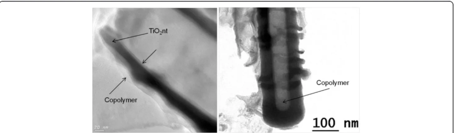 Figure 4 TEM images of copolymer-embedded TiO 2 nt after 5 cycles of CV. (a) Deposition of a homogeneous copolymer layer onto the inner and outer walls of the nanotube and (b) examination of the bottom part of the tube.
