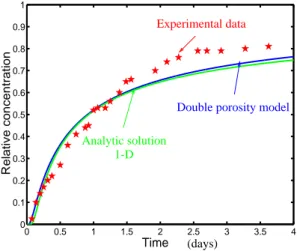 Figure 4: Relative concentrations at the outflow end of the cylinder as functions of time in the Grisak experiment