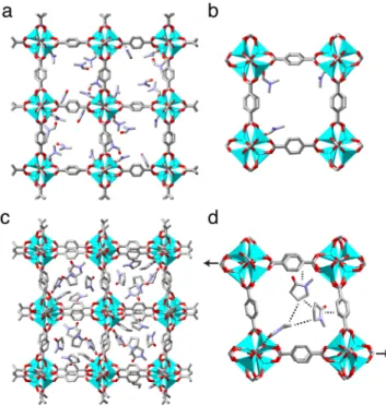 Figure 2. Local minima identified by DFT optimizations for DMF (a, b) and NMP (c, d) loaded structures of CMOF-5