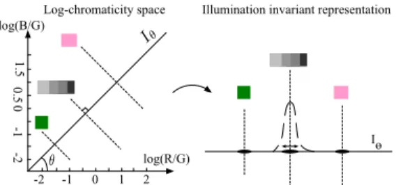 Figure 7: Log-chromaticity space and the corresponding illumination invariant representation.
