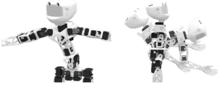 Fig. 2: These figures illustrate some morphological features of the Poppy humanoid Robot: Poppy has an articulated trunk of 5 DoFs which allows more natural and fluid motions while improving the user experience during physical interaction and actively part