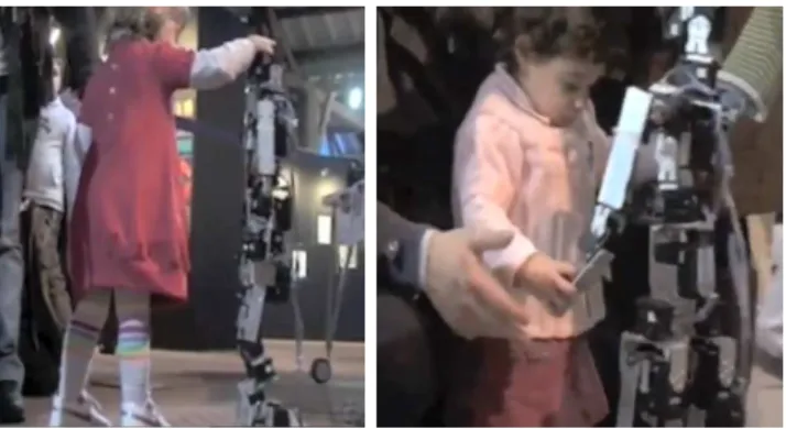 Fig. 4: Demonstration of Acroban during the Futuro Remoto exhibition in Napoli 2009. Children physically interacted with the robot provoking human-like mechanical responses of Acroban.