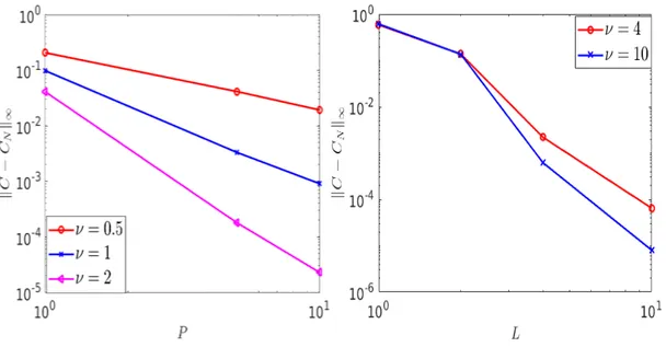 Figure 9: kC − C N k ∞ with respect to P. Figure 10: kC −C N k ∞ with respect to L.