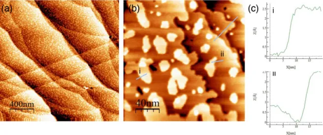 Figure 3: EC-STM topographic images of the Cu(111) metallic surface in 0.1M NaOH +  0.1M glycerol (a,b) and height profile measurements across the steps edges and adislands 