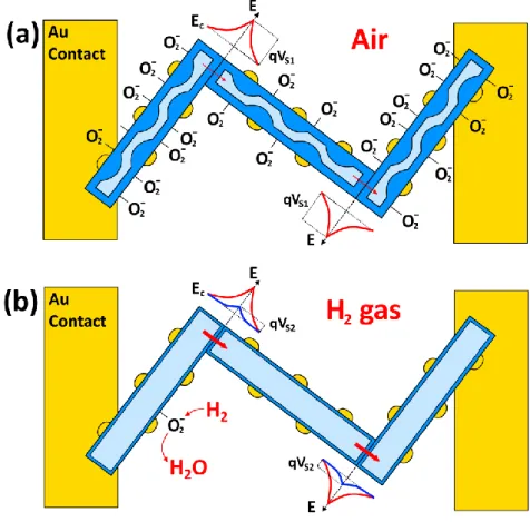 Figure 6. Illustration of the gas sensing mechanism for multiple networked Au/ZnO  nanowires  under exposure to ambient air (a); and H 2  gas (b)