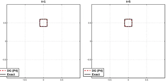 Figure 4. Example I.4, rotation of a small target, t = 1 (left) and t = 5 (right), P 4 with 20 × 20 cells.