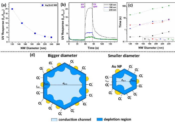 Figure 3. (a) UV response of individual Au/ZnO NWs versus diameter of the nanowire integrated  in nanosensor