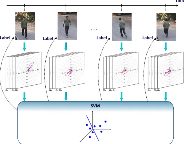 Fig. 3. Pipeline of the frame-level action classification. The spatio-temporal histograms are quan- quan-tified for each detected RoI and for each of the defined subregions from the overlapped  represen-tation