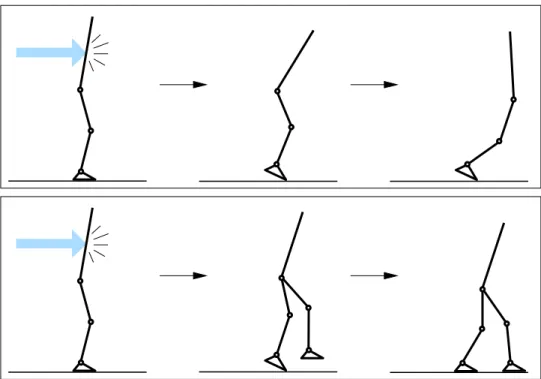 Figure 2: Tracking a reference trajectory, here a static position, may lead to a fall if the system is outside the corresponding largest invariant set, because of a perturbation for example (upper part).