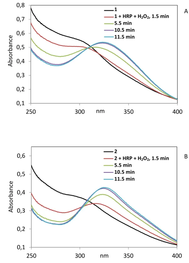 Fig. S2. UV-VIS spectra of 1 (A) and 2 (B) after treatment with HRP and H 2 O 2 . 