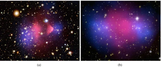 Figure 1.7: Mass distribution in galaxies clusters collisions: (a) Bullet cluster, (b) MACS J0025.4 Both pictures come from [32]