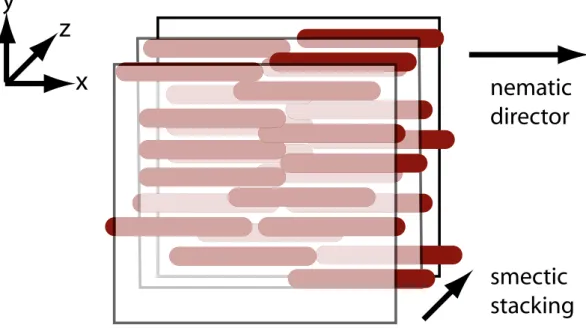 Figure 2: Representation of the hybrid phase. Three surfactant membranes are shown, as well as the two intermediate layers of nanorods.