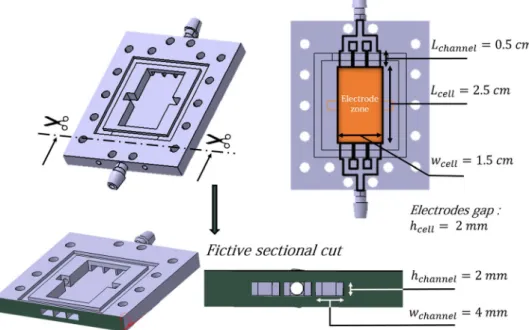 Figure 10.   CAD sketch of the cell and associated dimensions. The output and input channels are connected to  a Tank of electrolyte by a tubing (PharMed BPT, Saint-Gobain) with an internal radius of 3 mm and a length of  30 cm.