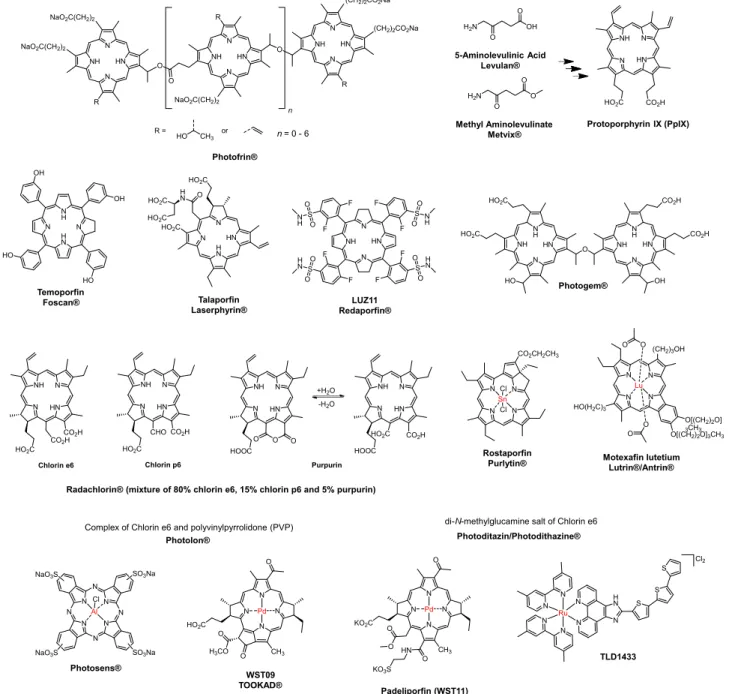 Figure 1. Structures of PSs approved or in clinical studies for oncologic PDT 