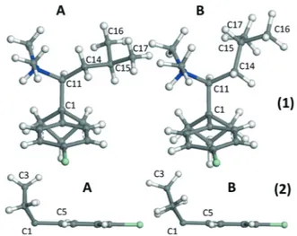 Fig. 6 Molecular conformations of the anhydrous A and B of sibutramine. (1) Part of the molecule including the secondary amine and isobutyl groups, (2) part of the molecule including the phenyl and cyclobutane groups.