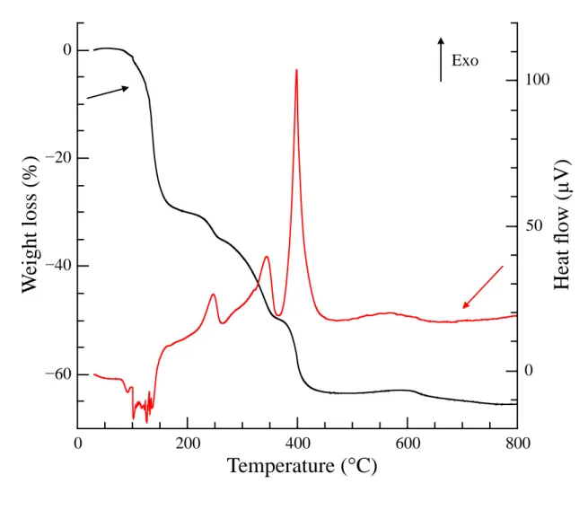 Figure 2. Thermal behaviour of the metal-PEG resin-like solid complex (the Y 2 O 3  gel 7 