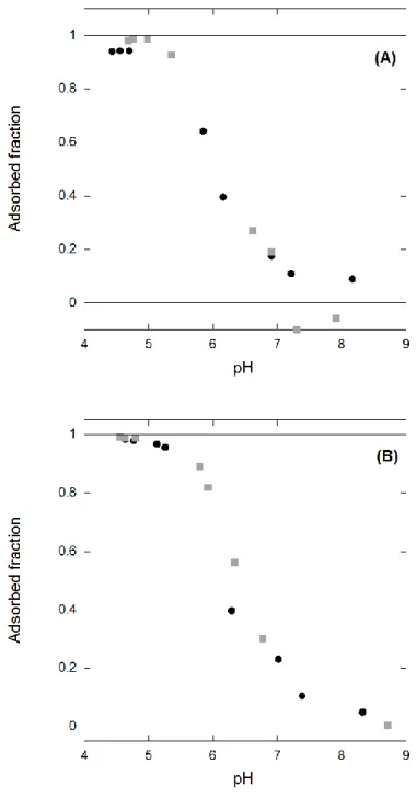 Fig. 3. Effect of (A) regeneration: first sorption experiment (  ) and second sorption experiment after  regeneration (  ), and (B) competitive anions on tungsten sorption: pure solution of tungsten (  ) and  solution of tungsten and other anions (see t