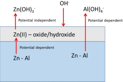 Fig. 6. Simplified schematic model of elemental dissolution at each interface of Al x Zn in 0.1 M  NaOH solution in anodic potential domain
