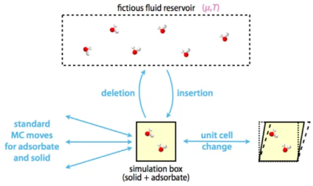 Figure  2.  Schematic  representation  of  the  Monte  Carlo  moves for  a  molecular  simulation in the osmotic ensemble